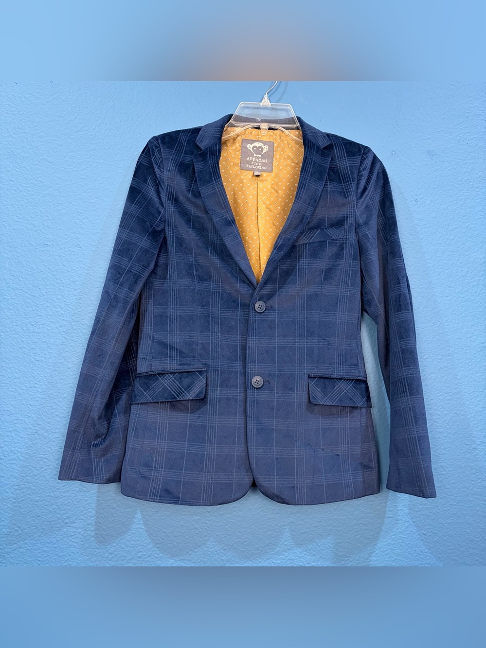 Appaman Fine Tailoring Boy's Blue Velvet Plaid Jacket Gold Lining Size 14